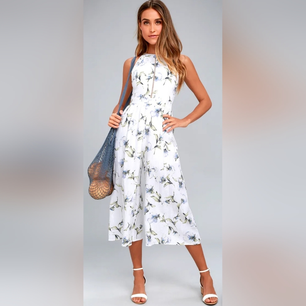 Lost + Wander Havana White  Floral Print Midi Jumpsuit